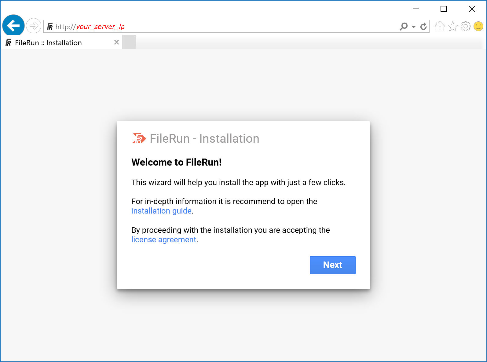 FileRun installer welcome
screen
