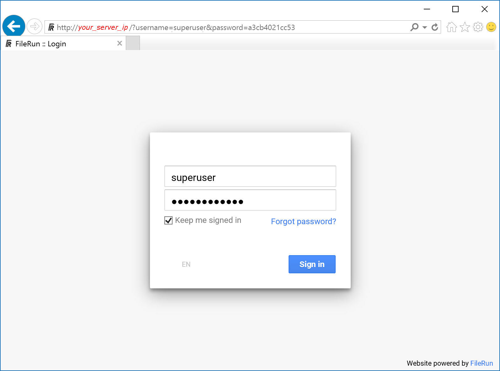 FileRun login
page