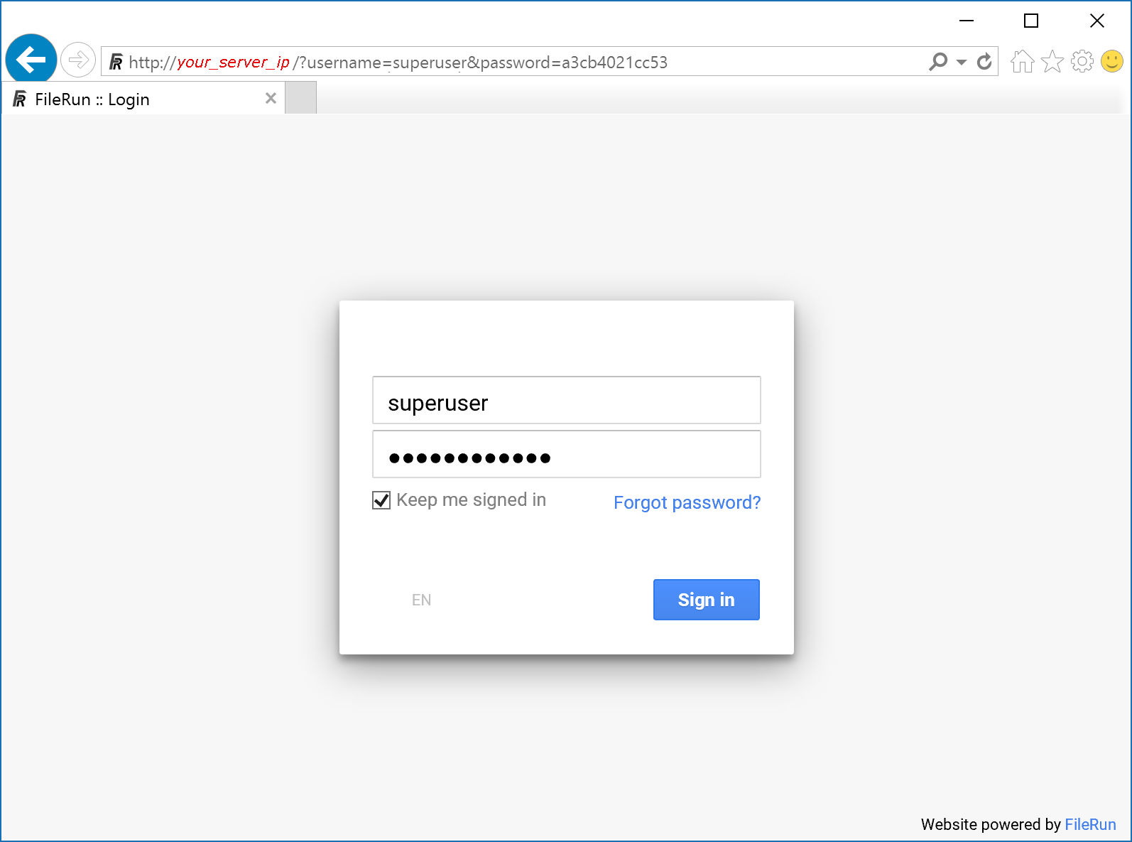 FileRun login page