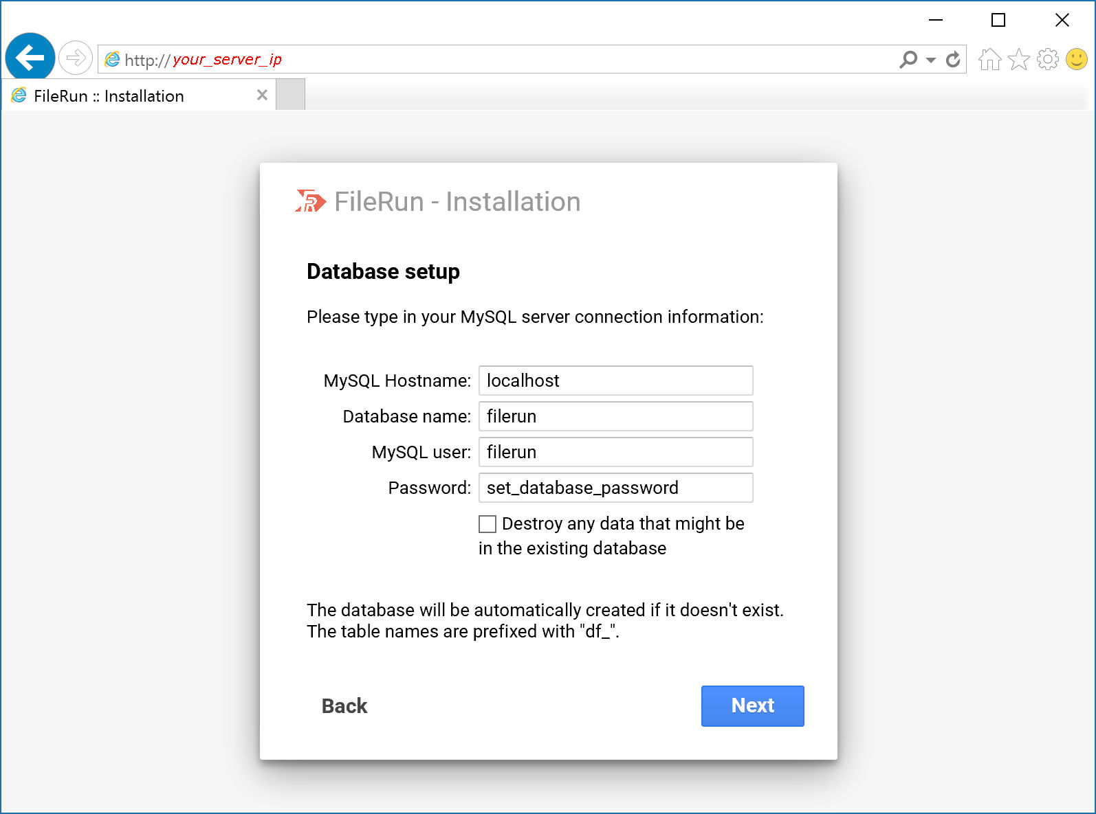 FileRun database connection setup