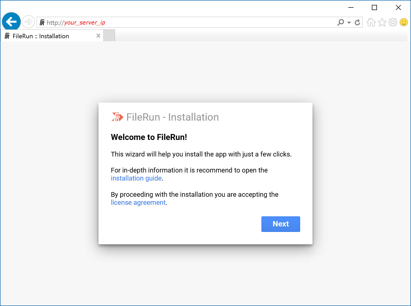 FileRun installer welcome screen