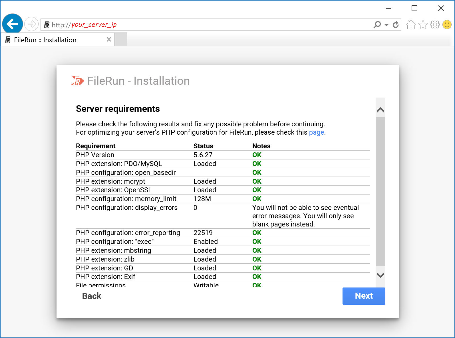 FileRun server requirements check
