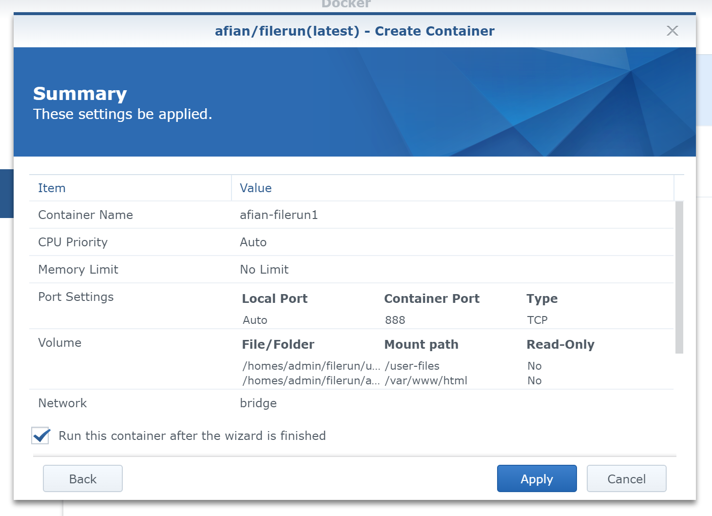Launch FileRun
Container