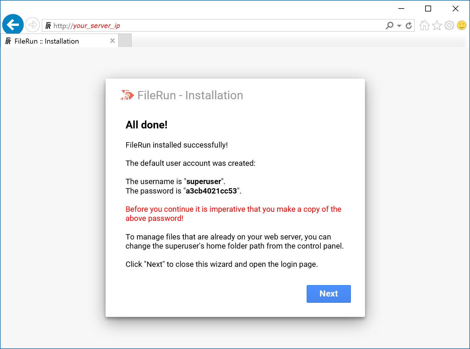 FileRun successfull
installation