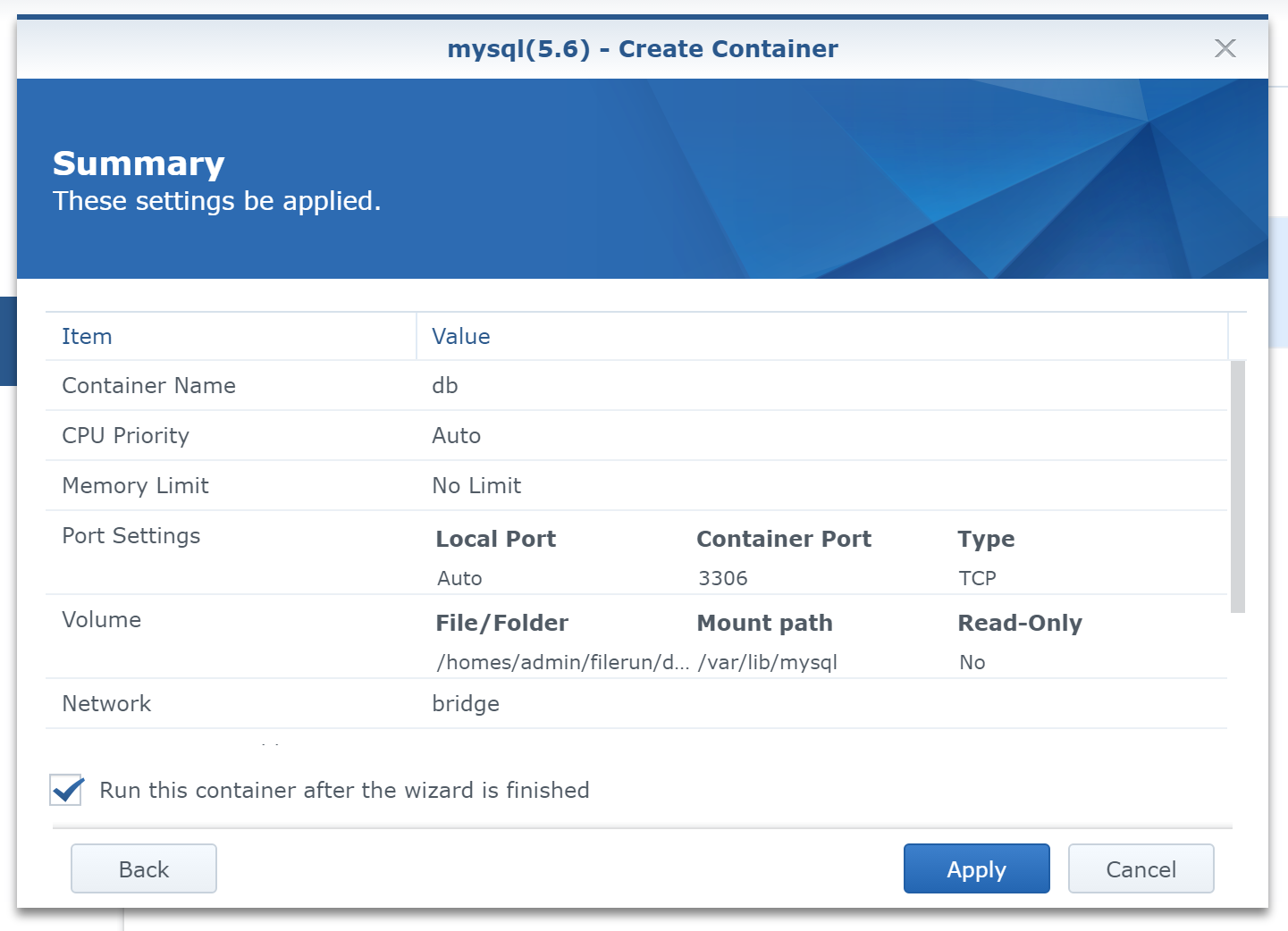 Launch MySQL/MariaDB
Container